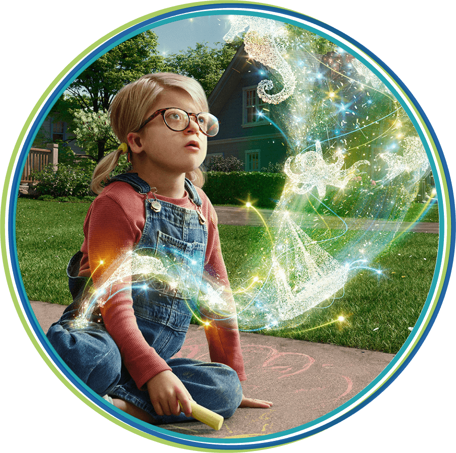 Jada, a child with congenital athymia with shapes of light coming out of her thigh